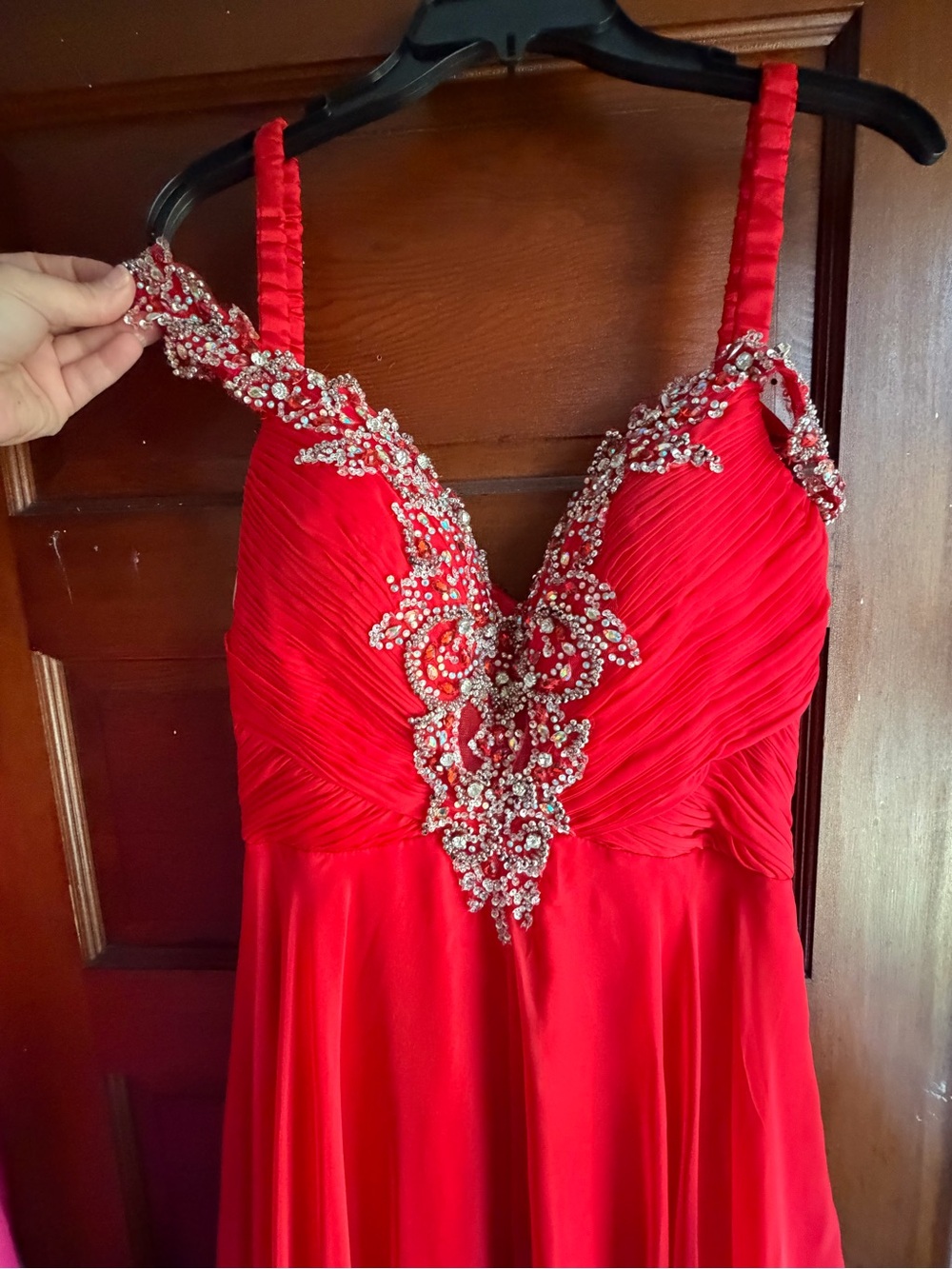 Mac Duggal Red Beaded V-Neck Prom Dress